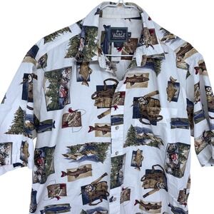 Woolrich Fish All Over Short Sleeve Button‎ Up Shirt Medium Fishing Outdoor Wild
